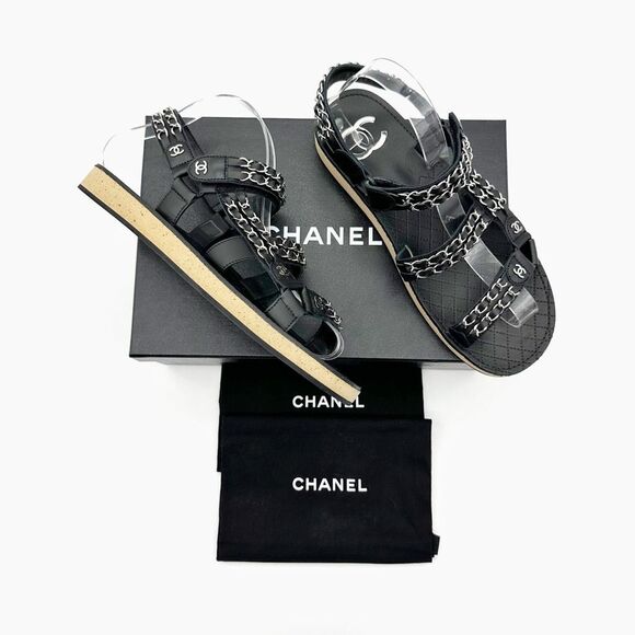 CHANEL 2022 Black Chain Interlocking CC Dad Sandals Size 40 Open Toe Slingback - Picture 2 of 15